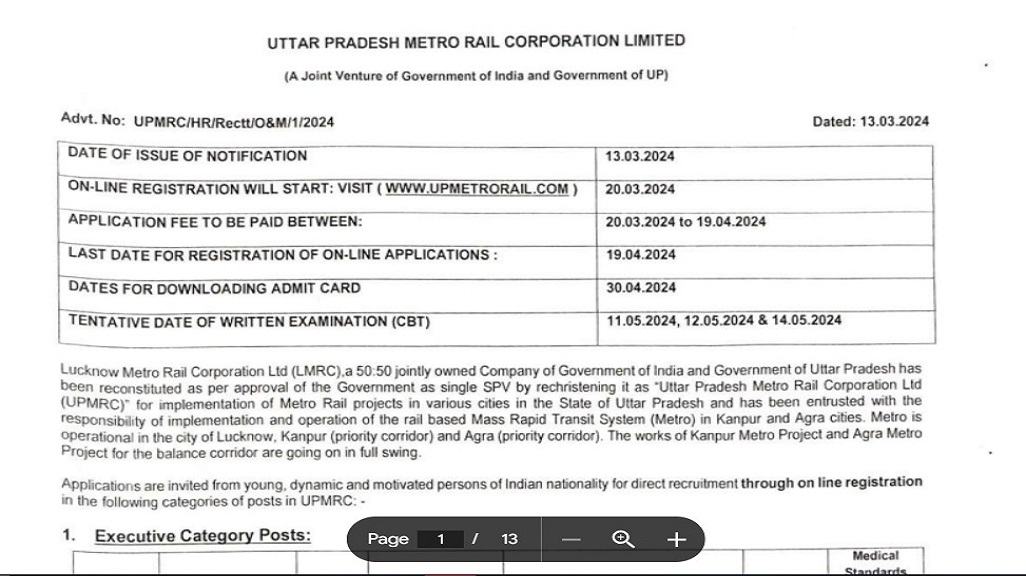 UP Metro Various Post Online Form 2024